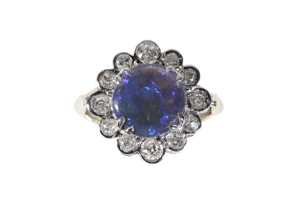 SOLID BLACK OPAL AND DIAMOND CLUSTER RING