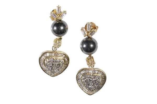 PAIR OF DIAMOND AND BLACK CULTURED PEARL PENDANT EARRINGS