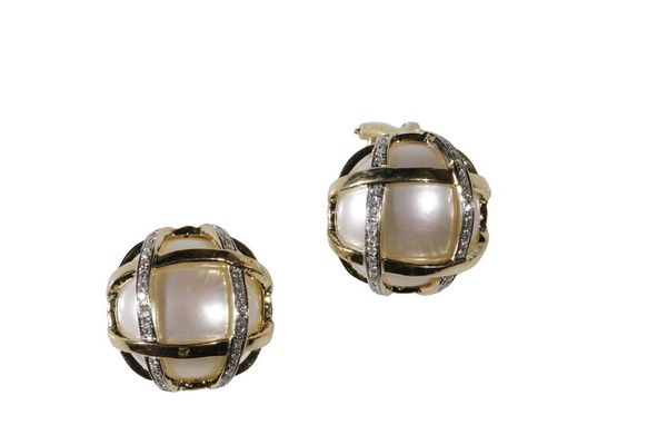 PAIR OF MABE PEARL AND DIAMOND EARRINGS