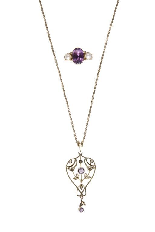 ART NOUVEAU AMETHYST AND SEED PEARL PENDANT