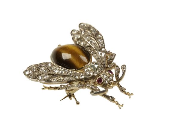 DIAMOND, TIGER'S EYE AND RUBY BEE BROOCH