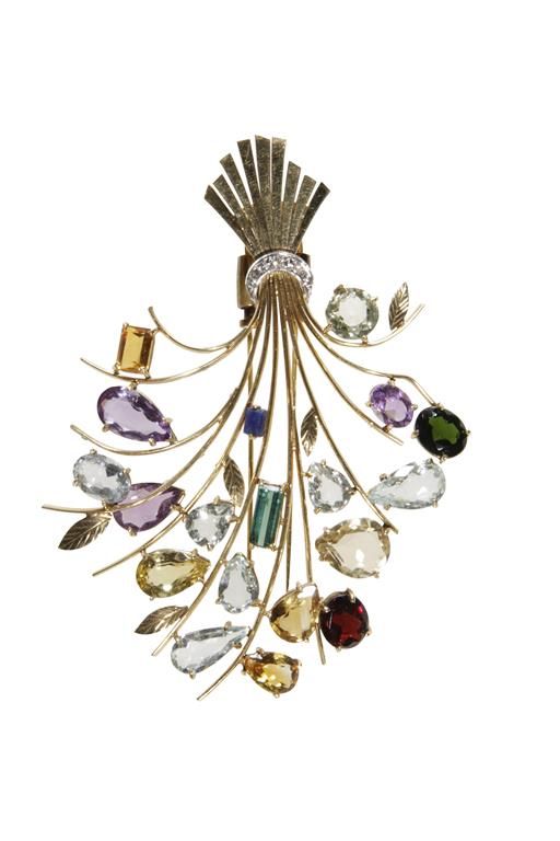 DIAMOND AND GEM SET SPRAY BROOCH