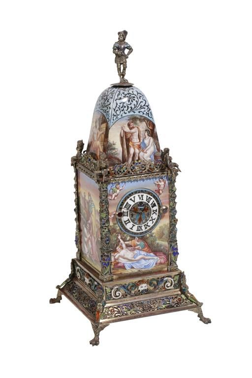 19TH CENTURY AUSTRIAN GILT METAL AND ENAMELED TABLE CLOCK