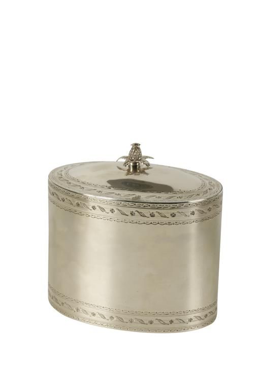 GEORGE III STYLE SILVER TEA CADDY BY LIONEL ALFRED CRICHTON