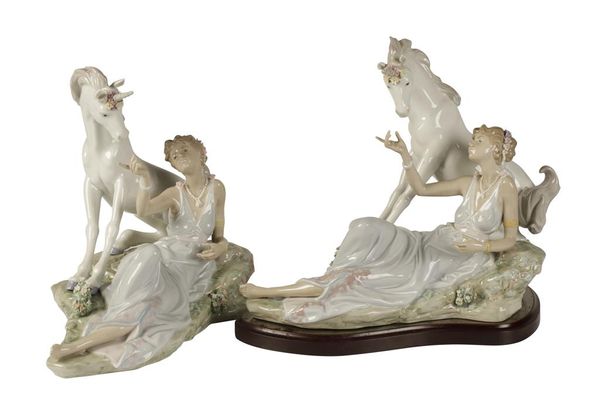 LLADRO: "GODDESS AND THE UNICORN" GLAZED PORCELAIN FIGURE GROUP