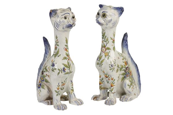 A PAIR OF GALLE TYPE FAIENCE CATS