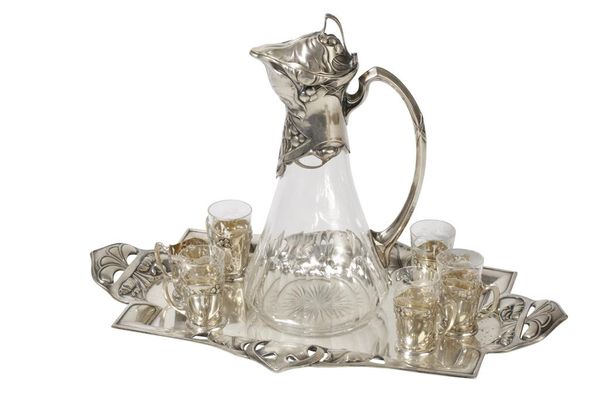 ART NOUVEAU CONTINENTAL SILVER MOUNTED GLASS LIQUEUR SET