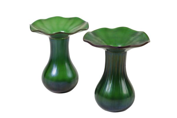 INT THE MANNER OF LOETZ: A PAIR OF IRIDESCENT GLASS VASES, c.1910