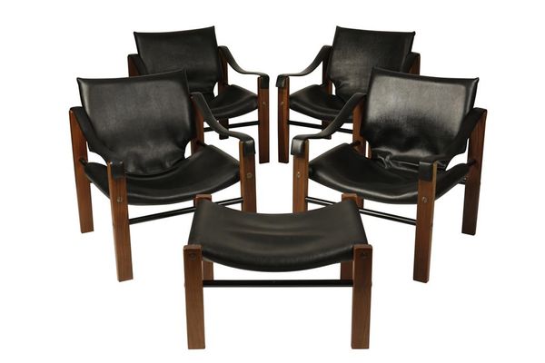 MAURICE BURKE FOR ARKANA: A SET OF FOUR "SAFARI" LOUNGE CHAIRS AND FOOTSTOOL