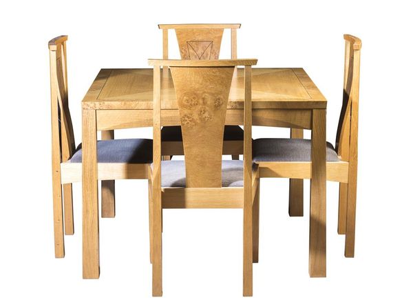 RICHARD WILLIAMS: AN OAK, BURR AND EBONY TABLE AND FOUR CHAIRS