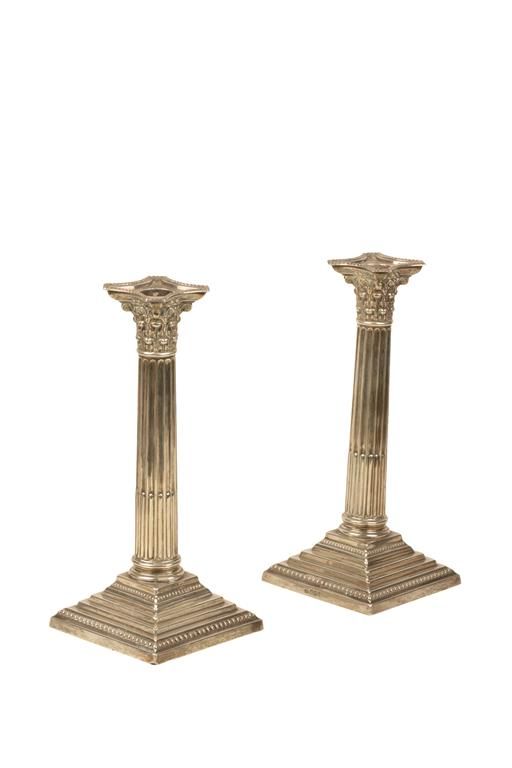 PAIR OF LATE VICTORIAN SILVER CORINTHIAN COLUMN CANDLESTICKS