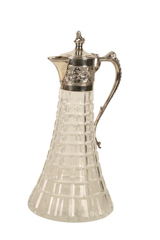 CORONATION SILVER MOUNTED AND CUT GLASS CLARET JUG