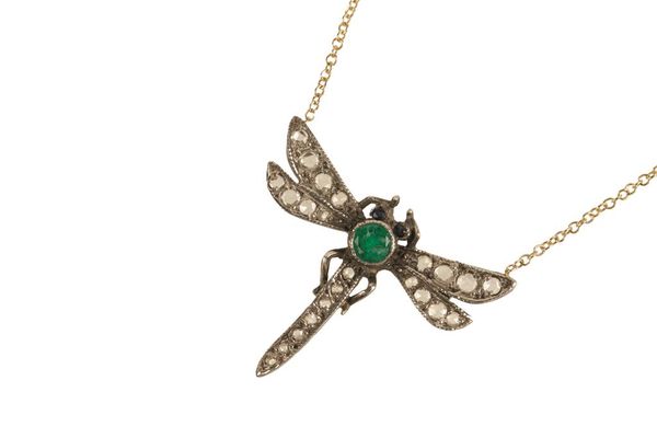 EMERALD AND DIAMOND DRAGONFLY PENDANT NECKLACE