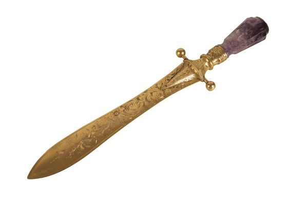 19TH CENTURY LETTER OPENER with rock crystal handle and gilt metal floral engrav