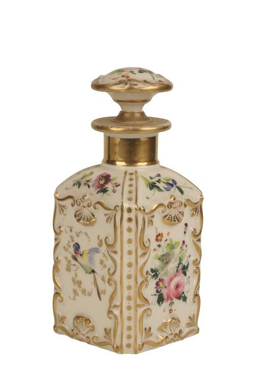 PARIS STYLE PORCELAIN PERFUME BOTTLE AND COVER of rectangular shape, the cream g