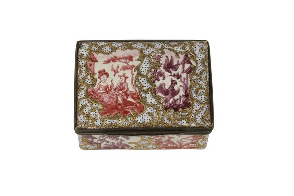 FRENCH ENAMEL BOX, c.1780, the metal hinged lid and sides painted with oriental