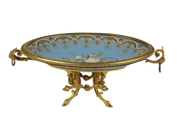 FRENCH ENAMEL AND GILT METAL TAZZA, c.1880, the oval top with blue ground, centr