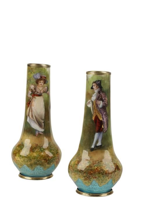 PAIR OF FRENCH ENAMEL VASES of bulbous form, one decorated with a classical lady