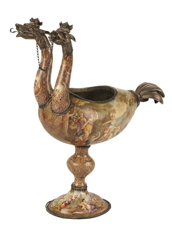 VIENNESE ENAMELLED SILVER TABLE CENTREPIECE, c.1880, formed as a two-headed myth