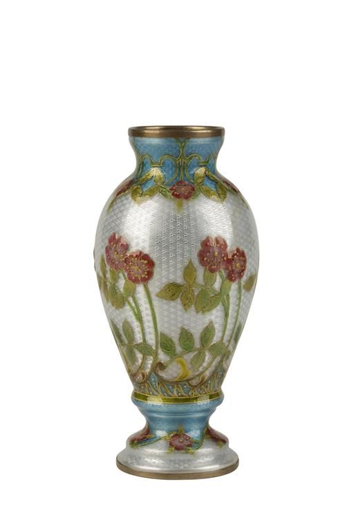 FRENCH GUILLOCHE ENAMEL VASE c.1880 of baluster form, decorated with flowers and