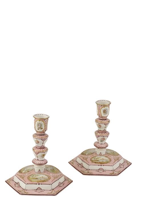 PAIR OF ENAMEL CANDLESTICKS c.1740 decorated with painted flowers and landscapes