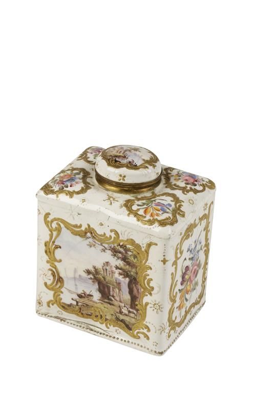 ENGLISH ENAMEL CADDY c.1760 the screw lid and front painted with a landscape sce