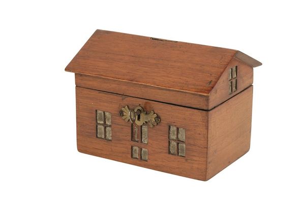 19TH CENTURY TREEN MONEY BOX in the form of a house, the hinged roof with money