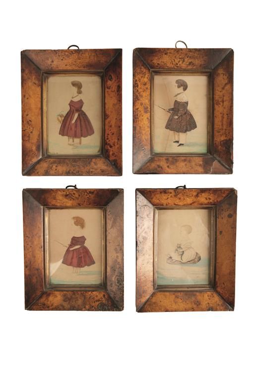 SET OF FOUR VICTORIAN WATERCOLOURS OF CARICATURE FIGURES set in burr walnut fram