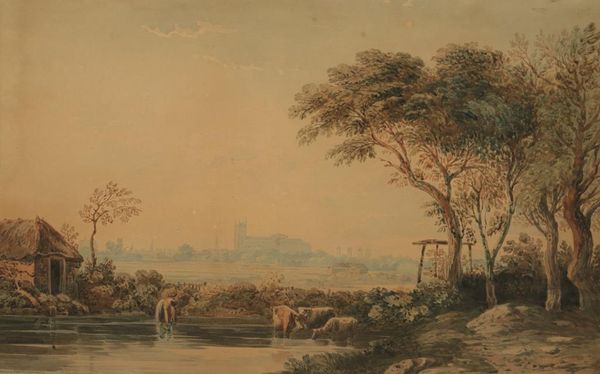 JOHN VARLEY (1778-1842) A landscape view looking towards an Abbey or Cathedral