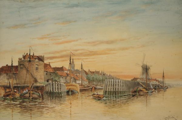 LOUIS VAN STAATEN (1836-1909) Boats in a harbour with windmill to the distance