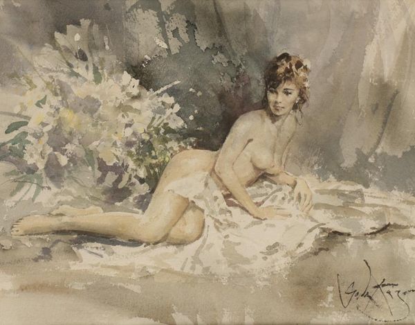 •GORDON KING (B.1939) a study of a nude female lying beside a bloom of flowers