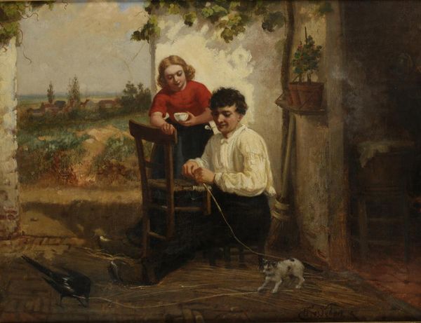 HENRI VAN SABEN (1825-1913) A man and a woman repairing a chair before a cottage