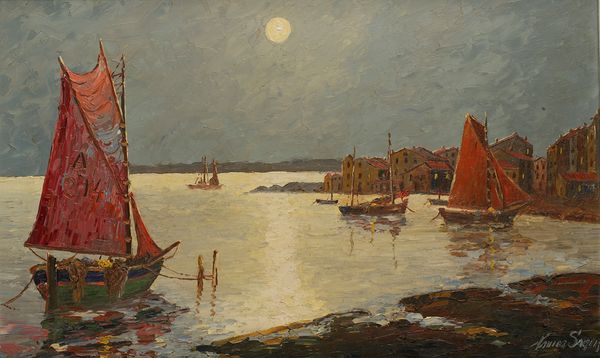 XAVIER SAGER (1870-1930) Boats under moonlight