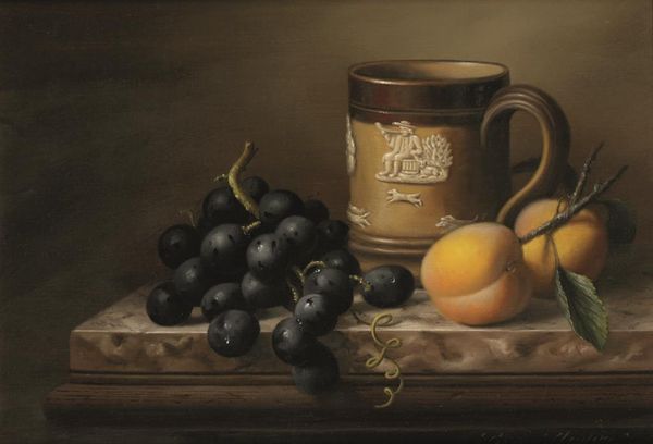 •BRIAN DAVIES (1942-2014) A still life study of grapes, peaches and a harvest mug