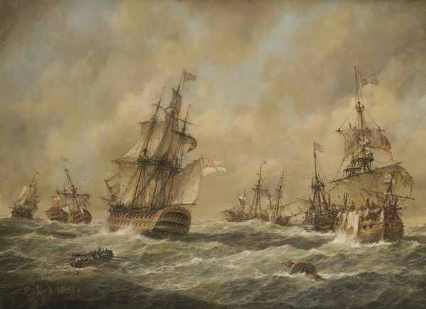 •RICHARD WILLIS (B.1924) A naval battle scene with British ships