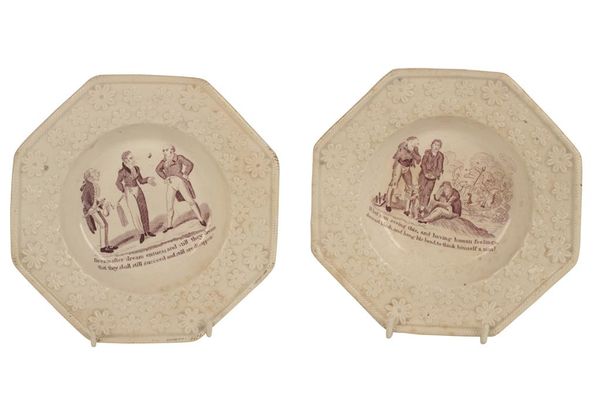 POTTERY PLATE printed with a vignette of three standing figures