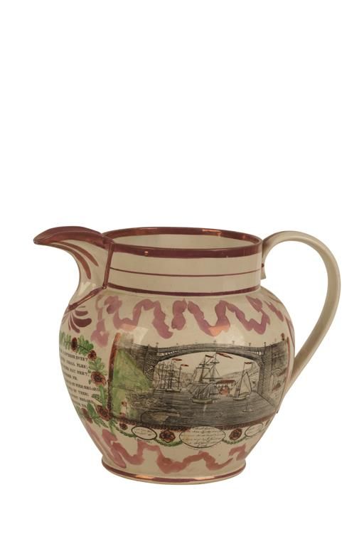 PURPLE LUSTRE POTTERY SAILORS JUG printed with vignettes of the Iron Bridge