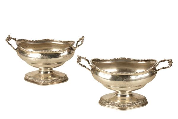 PAIR OF GEORGE III SILVER SAUCE TUREEN BASES, maker IB, London, 1767