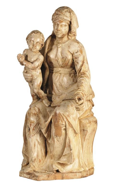 LARGE PAINTED PINE FIGURE OF MADONNA AND CHILD