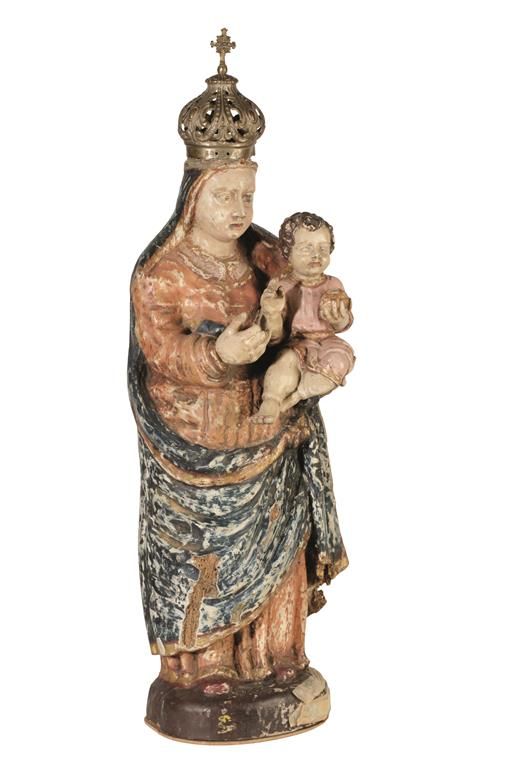 CONTINENTAL CARVED WOOD FIGURE OF MADONNA AND CHILD