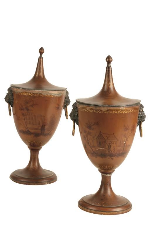 PAIR OF REGENCY TOLE PEINTRE CHESTNUT URNS AND COVERS