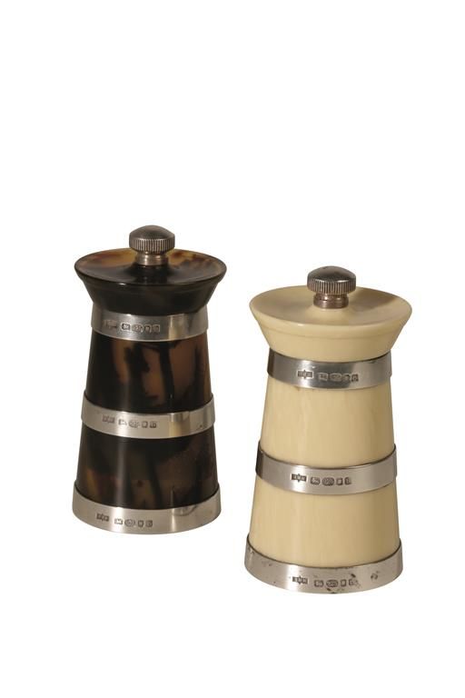 PAIR OF CONTEMPORARY FAUX IVORY AND TORTOISESHELL SALT AND PEPPER MILLS