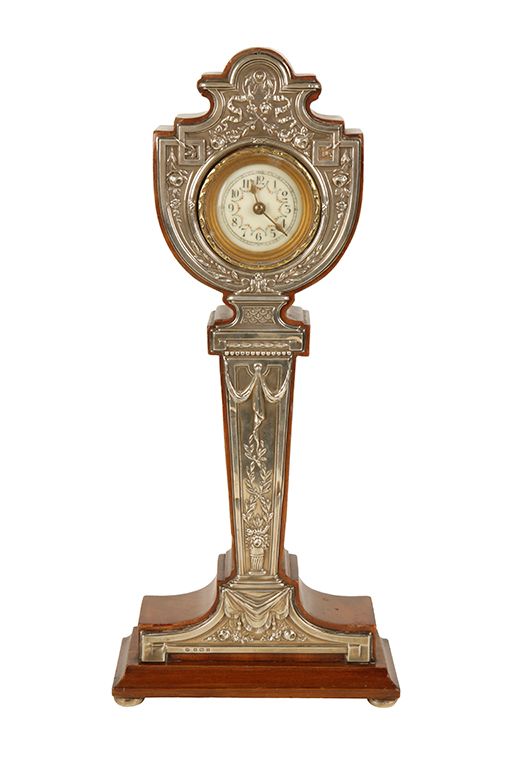 EDWARDIAN SILVER AND MAHOGANY TABLE CLOCK