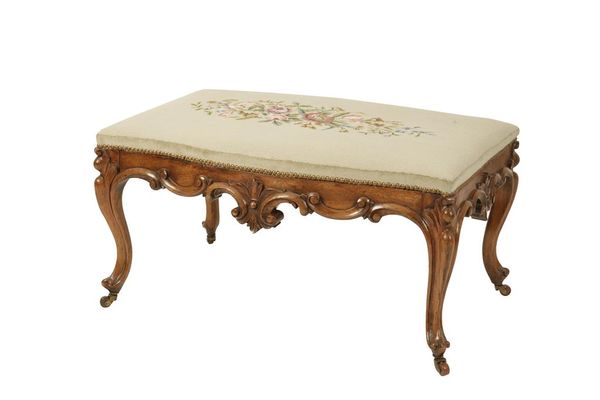 VICTORIAN WALNUT AND UPHOLSTERED STOOL, CIRCA 1860