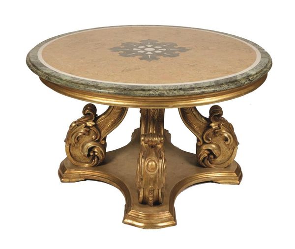 CONTINENTAL MARBLE TOP AND CARVED GILTWOOD CENTRE TABLE