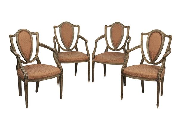 SET OF FOUR GEORGE III PAINTED ELBOW CHAIRS