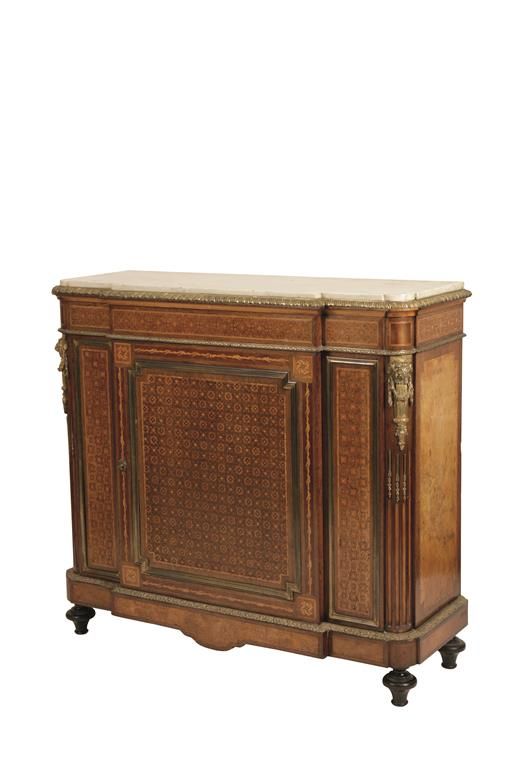 LOUIS XVI STYLE ORMOLU MOUNTED AND MARQUETRY BREAKFRONT SIDE CABINET