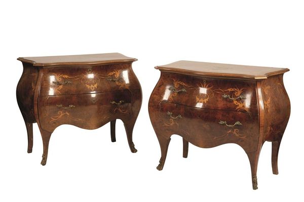 PAIR OF NORTH ITALIAN WALNUT AND MARQUETRY BOMBE COMMODES