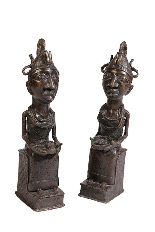 PAIR OF NIGERIAN BRONZES OF SEATED WOMEN