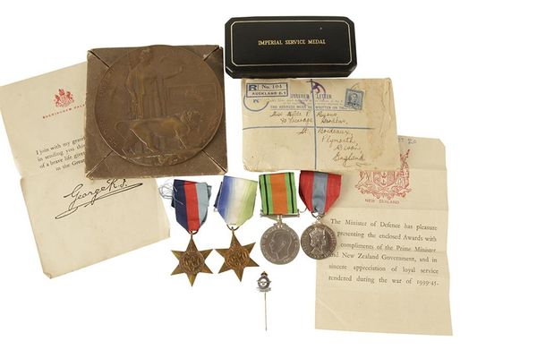 COLLECTION OF MEDALS AND MEMORIAL PLAQUE TO THE BURNS FAMILY